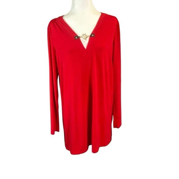 MICHAEL Michael Kors Top Womens XL Coral Red Tunic Roll-tabs V-neck Long Sleeves - Picture 1 of 7